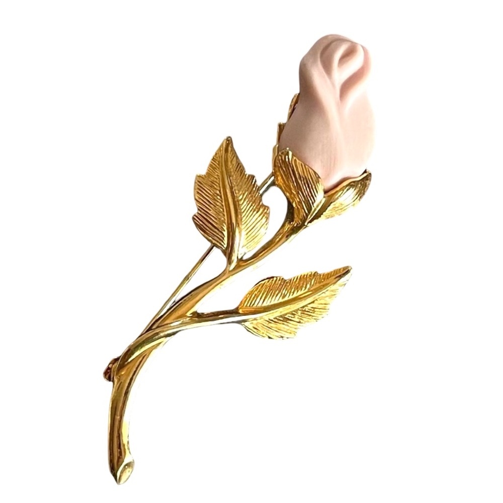 Vintage Signed Avon Pink Porcelain And Goldtone Rose Brooch